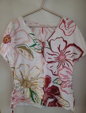 Linen Cotton Short Sleeve Top - Pink, Green & Gold Print